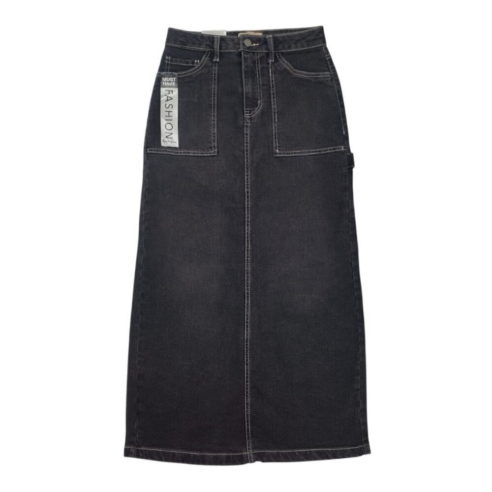 Love Fire Black High Waisted Denim Long Skirt with Pockets, Size 1, NWT